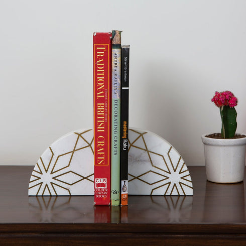 White Marble Geometria Bookends with Brass Inlay